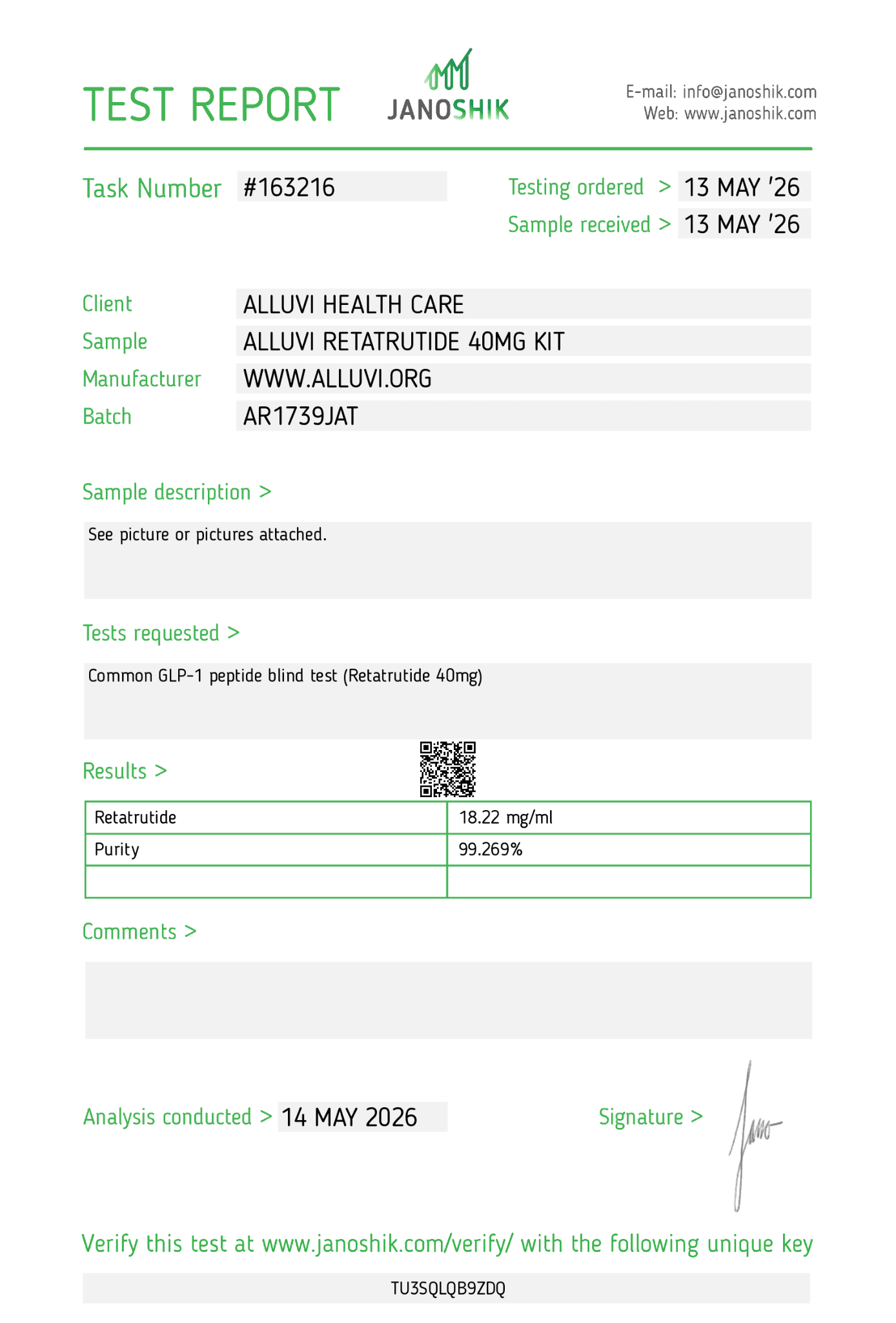 Janoshik test report for Alluvi Retatrutide 40mg, test 163216